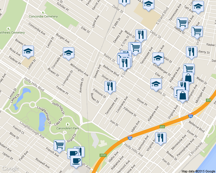 map of restaurants, bars, coffee shops, grocery stores, and more near 5815 South Grand Boulevard in St. Louis