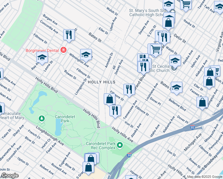 map of restaurants, bars, coffee shops, grocery stores, and more near 6024 Dewey Avenue in St. Louis