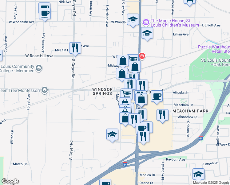 map of restaurants, bars, coffee shops, grocery stores, and more near 1001 Maryhurst Drive in Kirkwood