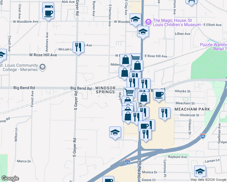 map of restaurants, bars, coffee shops, grocery stores, and more near 10902 Big Bend Road in Kirkwood