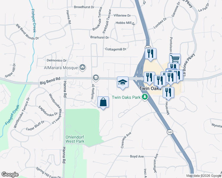 map of restaurants, bars, coffee shops, grocery stores, and more near 1325 Woodland Oaks Drive in Ballwin
