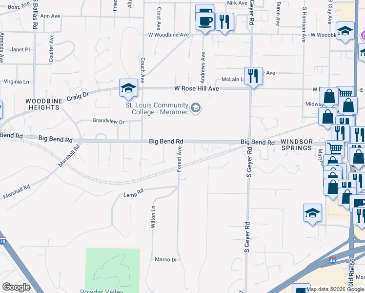 map of restaurants, bars, coffee shops, grocery stores, and more near 11318 Big Bend Road in Kirkwood