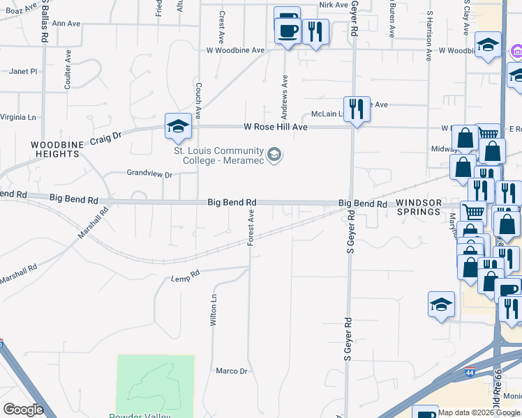 map of restaurants, bars, coffee shops, grocery stores, and more near 11318 Big Bend Road in Kirkwood