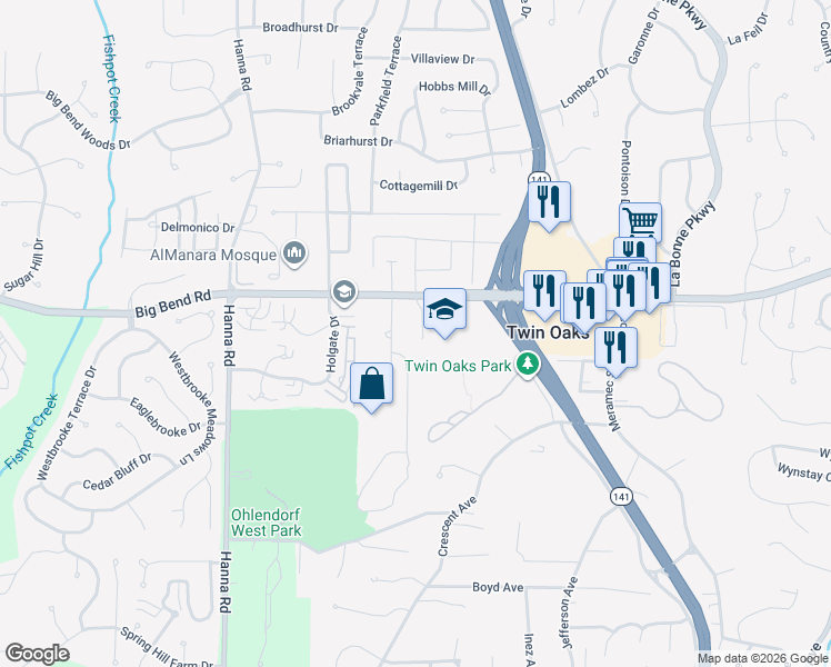 map of restaurants, bars, coffee shops, grocery stores, and more near 1325 Woodland Oaks Drive in Ballwin