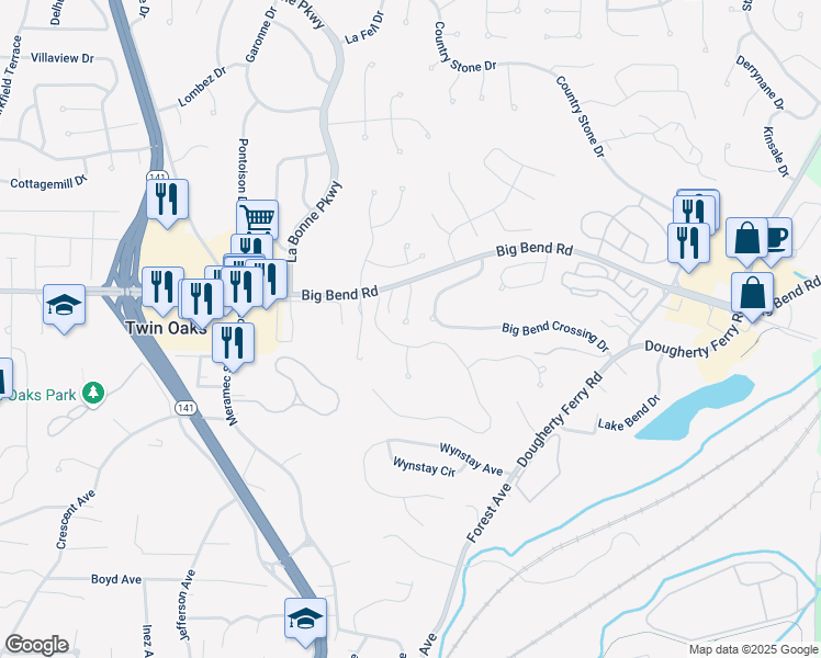 map of restaurants, bars, coffee shops, grocery stores, and more near 1036 Arbor Pointe Drive in Valley Park