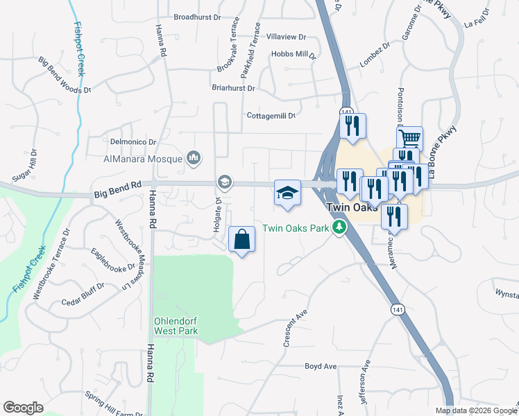 map of restaurants, bars, coffee shops, grocery stores, and more near 1325 Woodland Oaks Drive in Ballwin