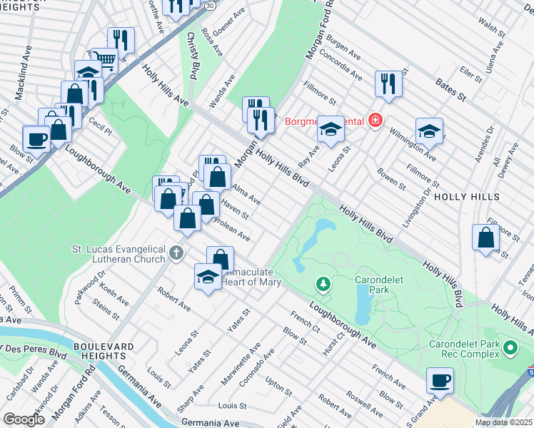 map of restaurants, bars, coffee shops, grocery stores, and more near 4080 Alma Avenue in St. Louis