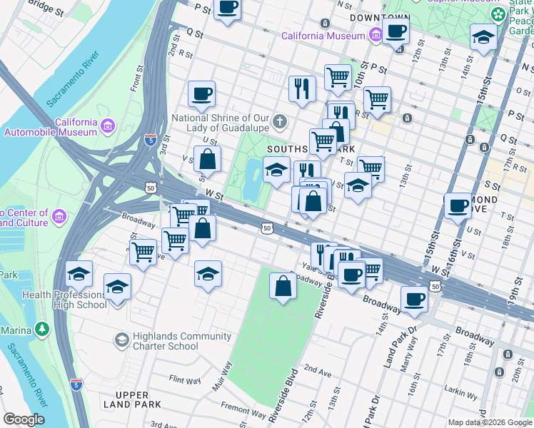 map of restaurants, bars, coffee shops, grocery stores, and more near 800 W Street in Sacramento