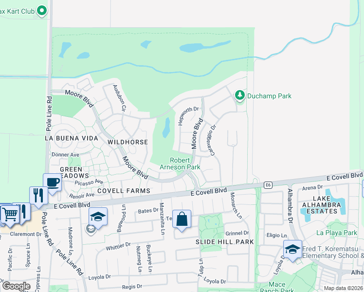 map of restaurants, bars, coffee shops, grocery stores, and more near 2600 Kline Ct in Davis
