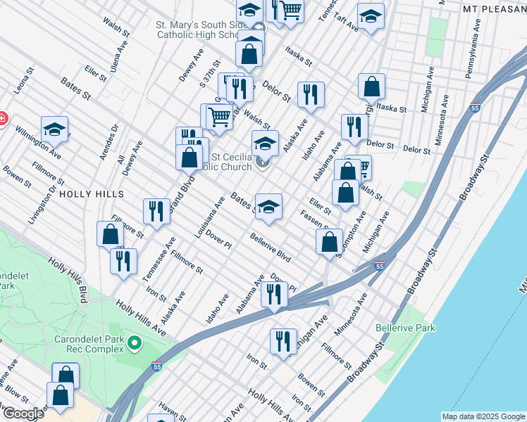 map of restaurants, bars, coffee shops, grocery stores, and more near 807 Bates Street in St. Louis