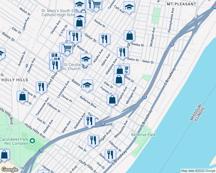 map of restaurants, bars, coffee shops, grocery stores, and more near 607 Fassen Street in St. Louis