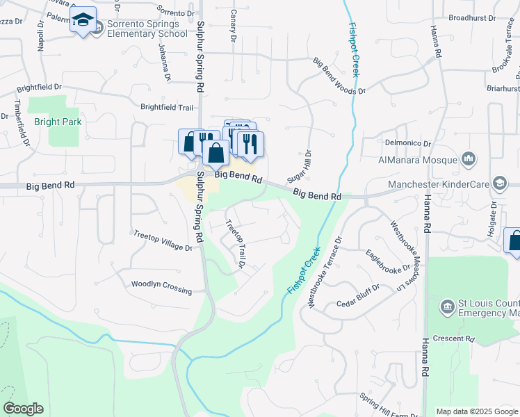 map of restaurants, bars, coffee shops, grocery stores, and more near 1201 Lofty Point Drive in Ballwin