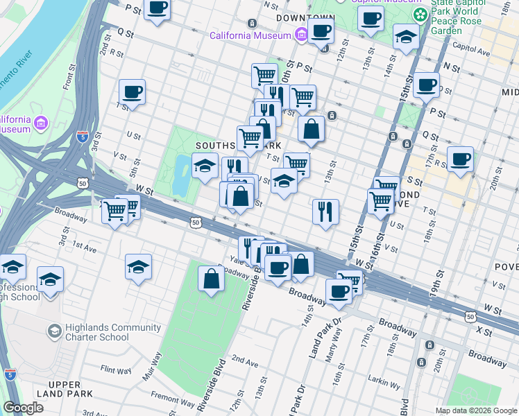 map of restaurants, bars, coffee shops, grocery stores, and more near 1022 V Street in Sacramento