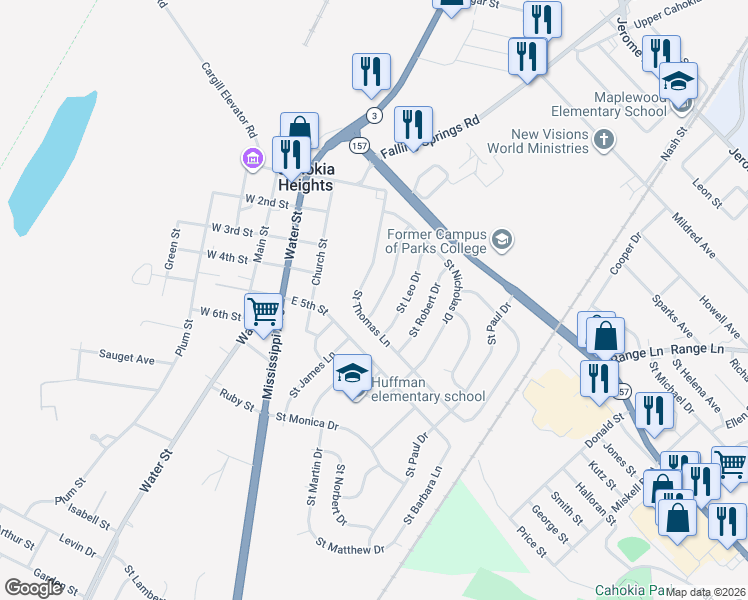 map of restaurants, bars, coffee shops, grocery stores, and more near 148 Saint Thomas Lane in Cahokia