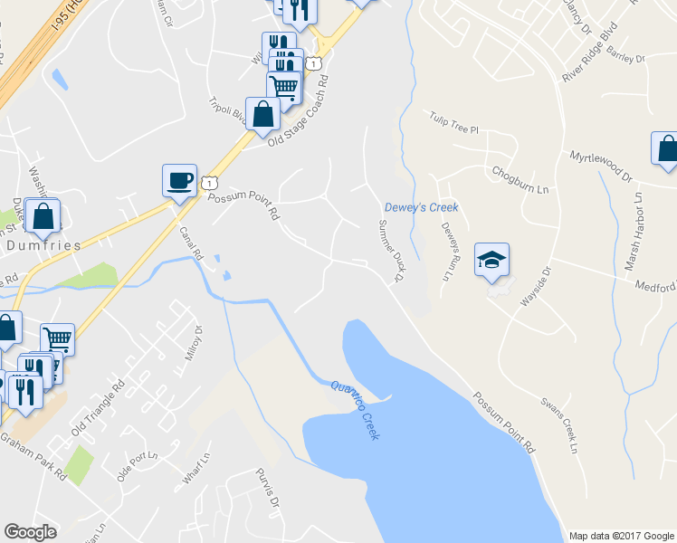 map of restaurants, bars, coffee shops, grocery stores, and more near 17762 Possum Point Road in Dumfries