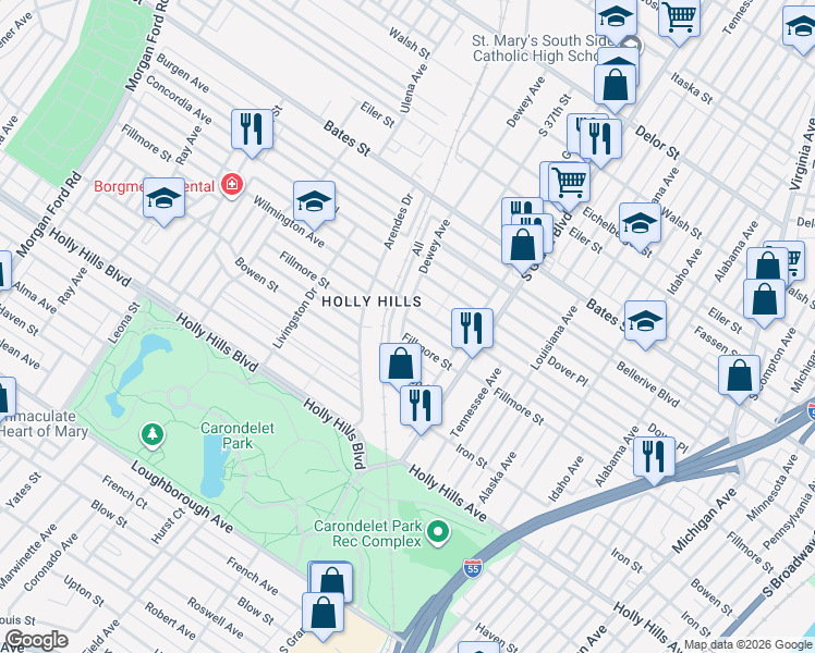 map of restaurants, bars, coffee shops, grocery stores, and more near 6024 Dewey Avenue in St. Louis