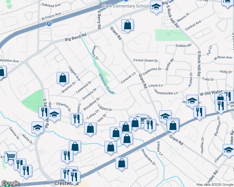 map of restaurants, bars, coffee shops, grocery stores, and more near 731 Fieldcrest Drive in Saint Louis