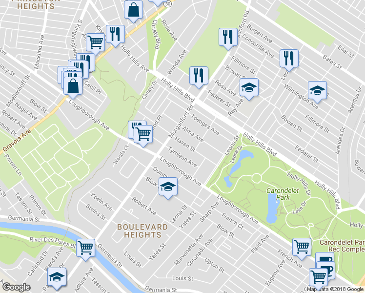 map of restaurants, bars, coffee shops, grocery stores, and more near 4126 Haven Street in Saint Louis