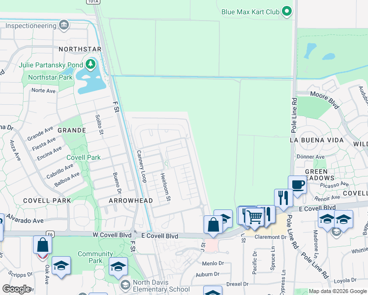 map of restaurants, bars, coffee shops, grocery stores, and more near 1007 Forbes Lane in Davis