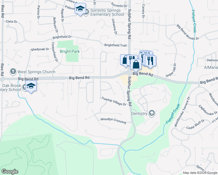 map of restaurants, bars, coffee shops, grocery stores, and more near 623 Shepards Crossing in Ballwin