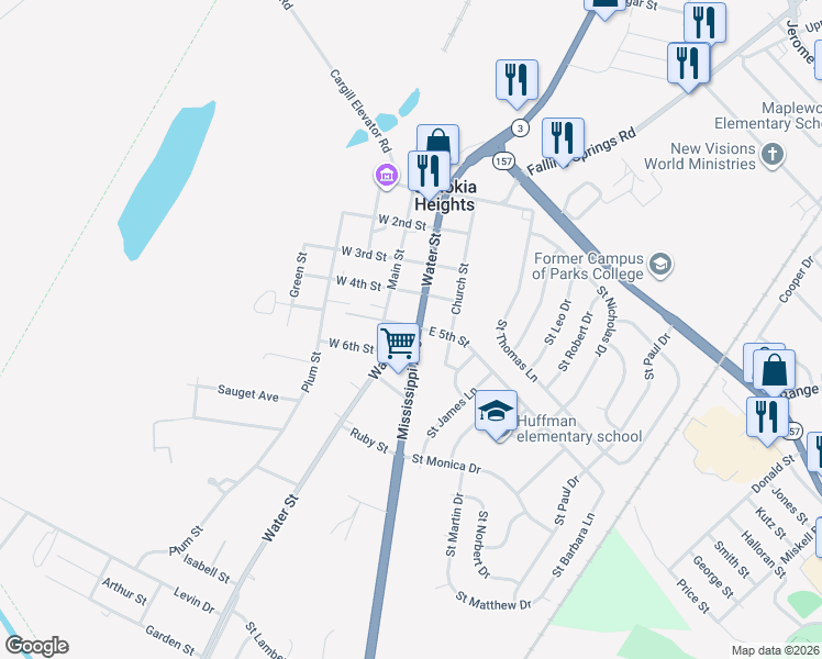 map of restaurants, bars, coffee shops, grocery stores, and more near 100 East 5th Street in Cahokia