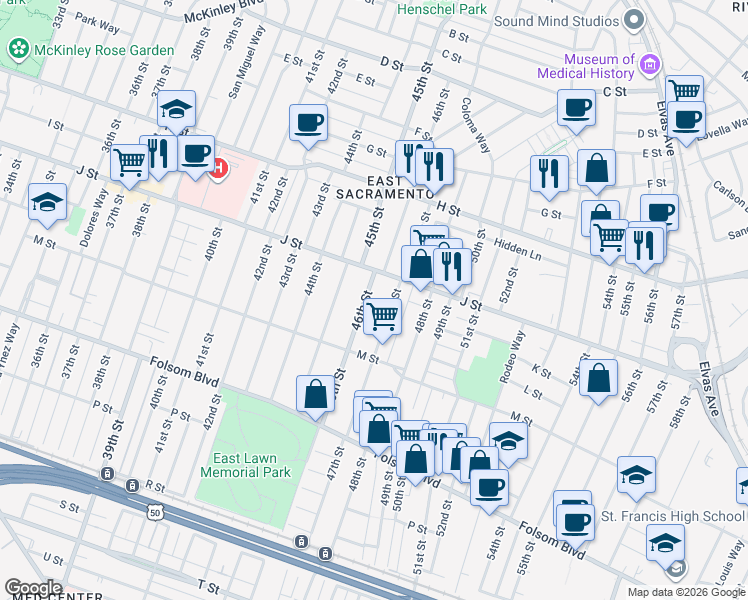 map of restaurants, bars, coffee shops, grocery stores, and more near 1055 46th Street in Sacramento