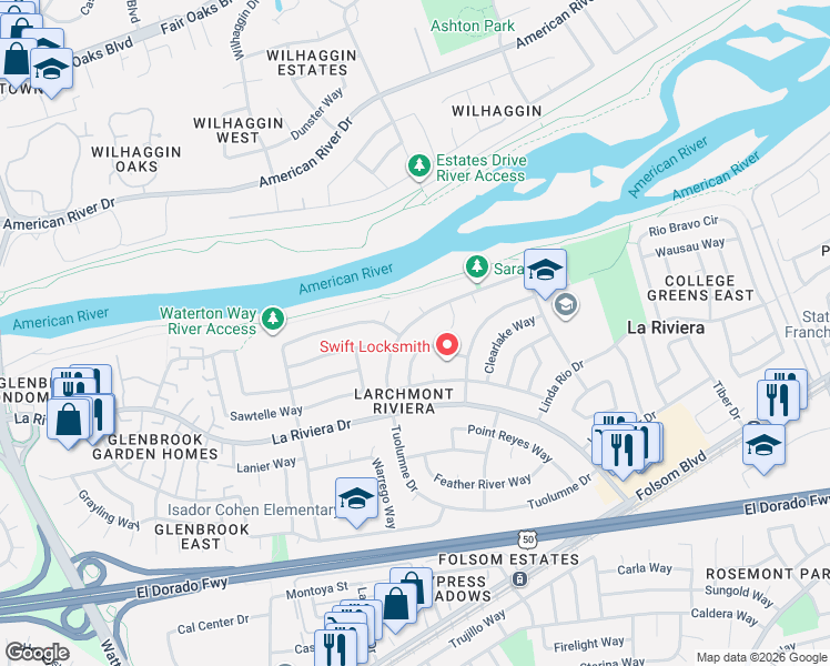 map of restaurants, bars, coffee shops, grocery stores, and more near 2537 Key West Way in Sacramento