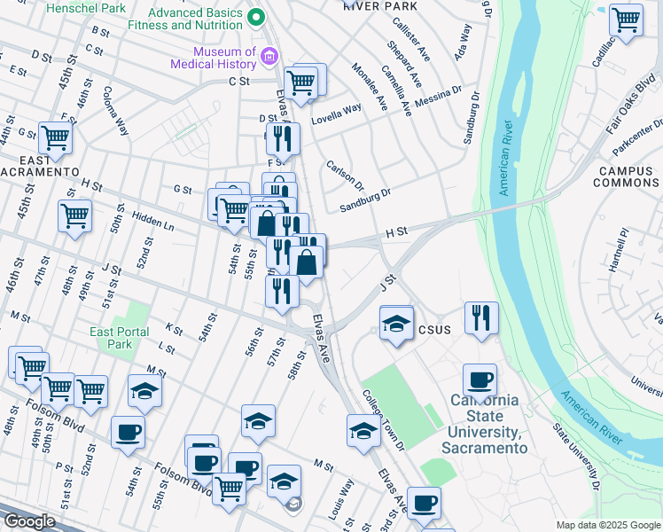 map of restaurants, bars, coffee shops, grocery stores, and more near 5901 Newman Court in Sacramento