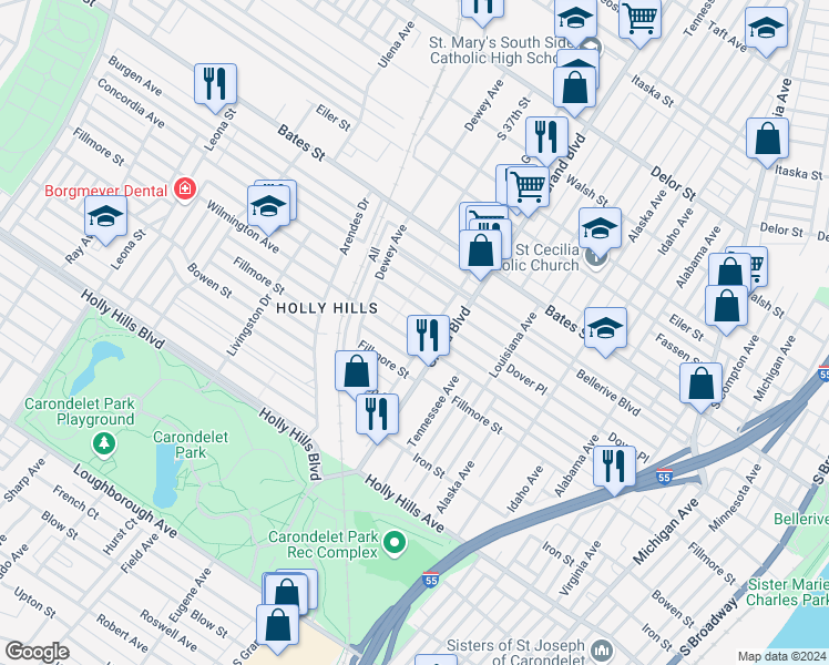 map of restaurants, bars, coffee shops, grocery stores, and more near 3640 Wilmington Avenue in St. Louis