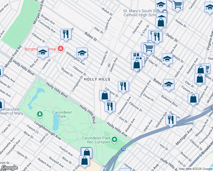 map of restaurants, bars, coffee shops, grocery stores, and more near 6024 Dewey Avenue in St. Louis