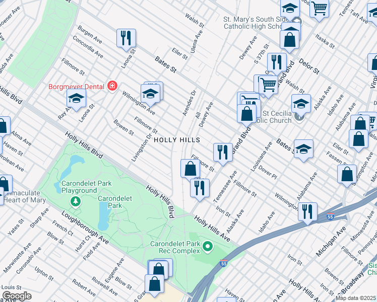 map of restaurants, bars, coffee shops, grocery stores, and more near 6024 Dewey Avenue in St. Louis