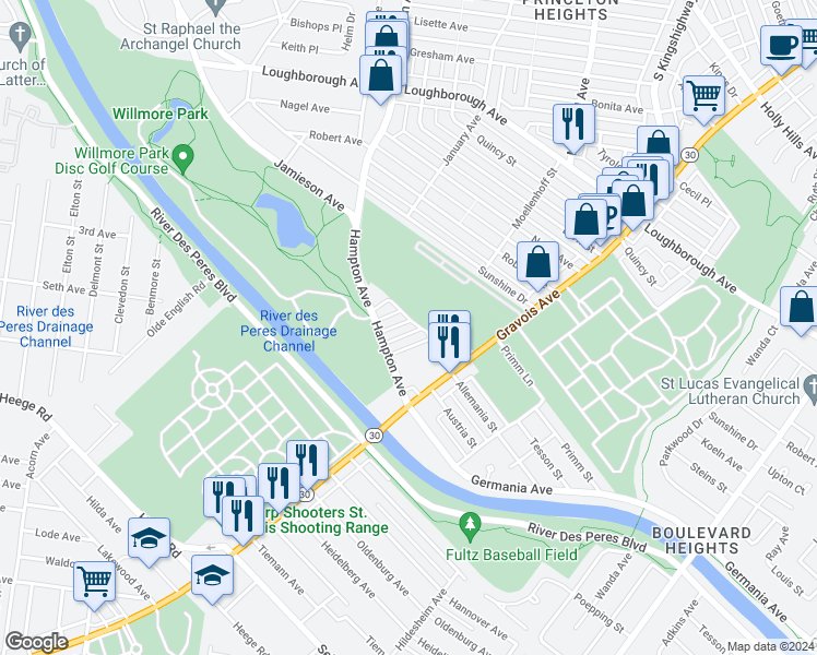 map of restaurants, bars, coffee shops, grocery stores, and more near 7312 Hampshire Drive in St. Louis