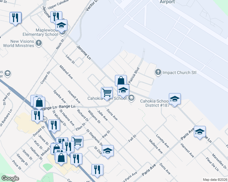 map of restaurants, bars, coffee shops, grocery stores, and more near 913 Joliet Drive in Cahokia
