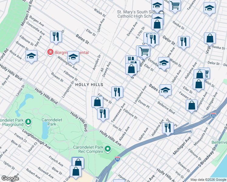 map of restaurants, bars, coffee shops, grocery stores, and more near 3640 Wilmington Avenue in St. Louis