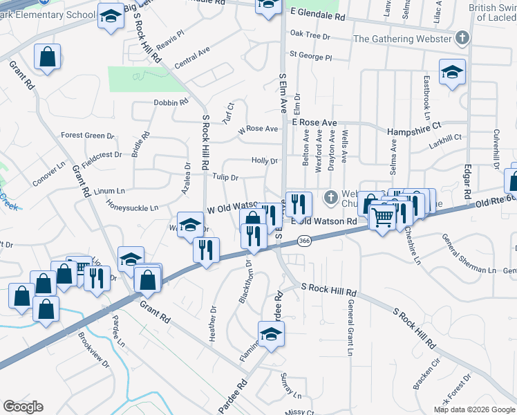 map of restaurants, bars, coffee shops, grocery stores, and more near 32 West Old Watson Road in St. Louis