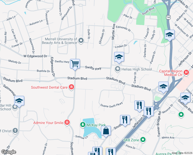 map of restaurants, bars, coffee shops, grocery stores, and more near 1501 Stadium Boulevard in Jefferson City