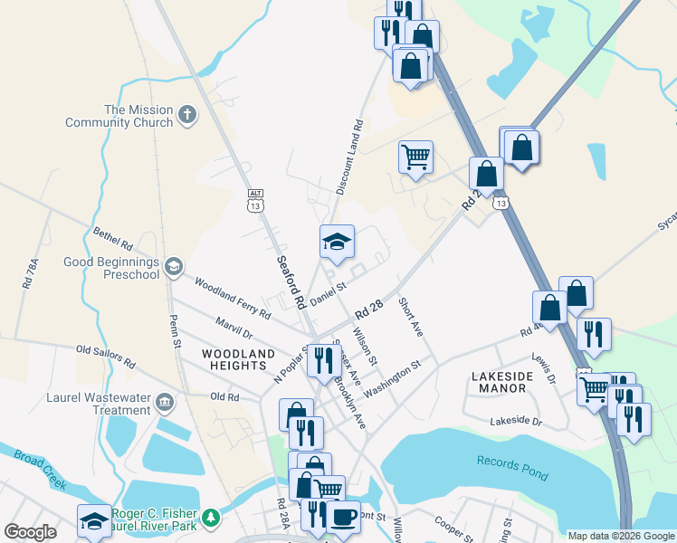 map of restaurants, bars, coffee shops, grocery stores, and more near 300 Wilson Street in Laurel