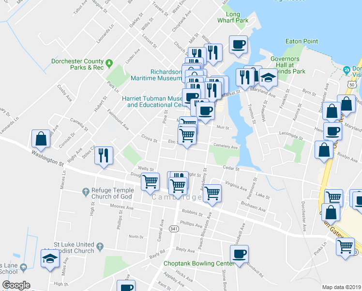map of restaurants, bars, coffee shops, grocery stores, and more near 601 Race Street in Cambridge