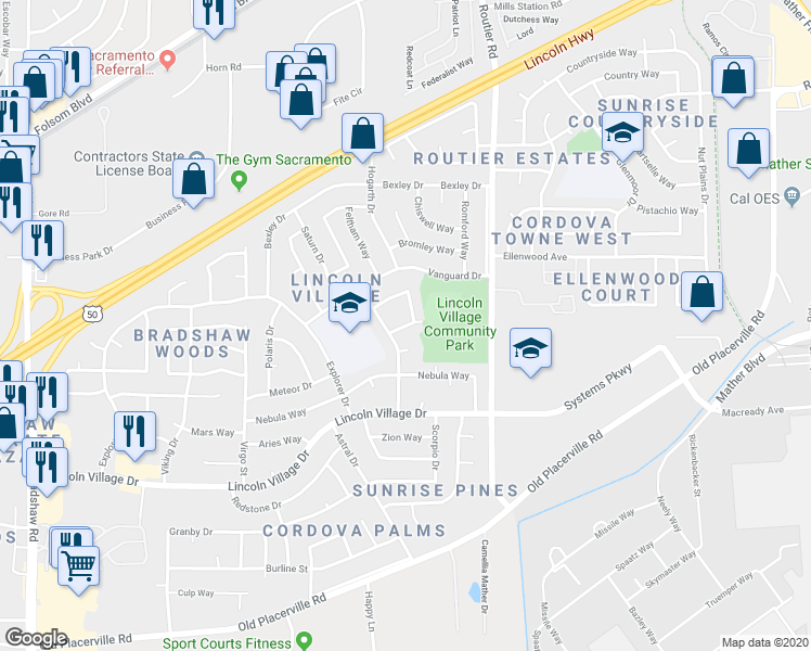map of restaurants, bars, coffee shops, grocery stores, and more near 10012 Cirrus Way in Sacramento