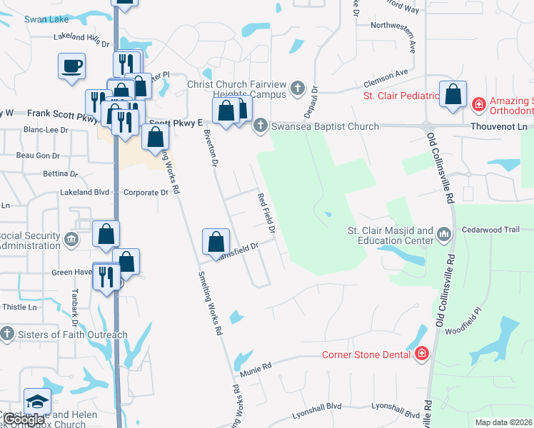 map of restaurants, bars, coffee shops, grocery stores, and more near Red Field Drive in Swansea