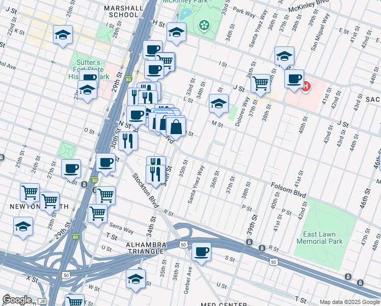 map of restaurants, bars, coffee shops, grocery stores, and more near 3429 Folsom Boulevard in Sacramento