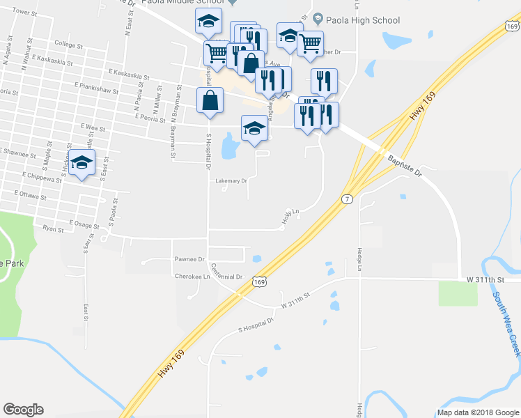 map of restaurants, bars, coffee shops, grocery stores, and more near 501 Assembly Lane in Paola