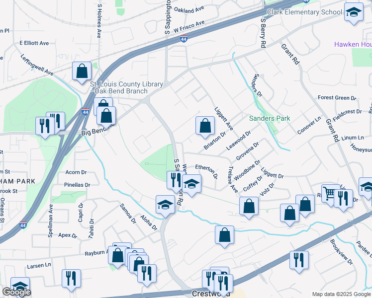 map of restaurants, bars, coffee shops, grocery stores, and more near 900 Trelane Avenue in St. Louis