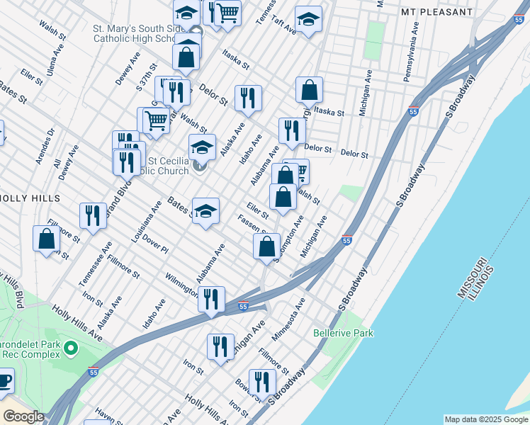 map of restaurants, bars, coffee shops, grocery stores, and more near 527 Eiler Street in St. Louis