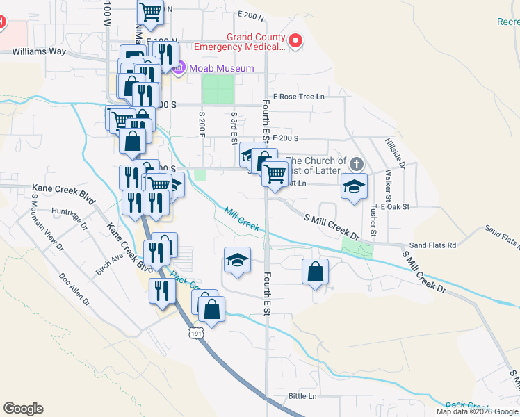 map of restaurants, bars, coffee shops, grocery stores, and more near 373 Pueblo Court in Moab
