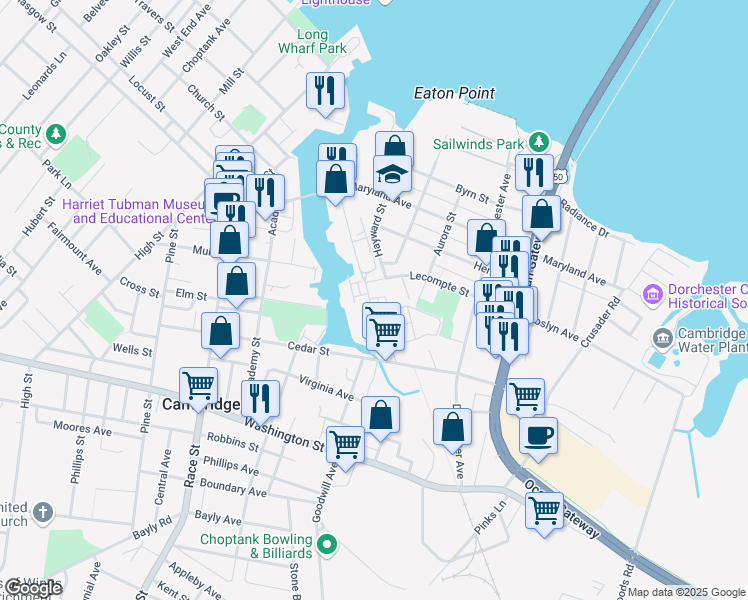 map of restaurants, bars, coffee shops, grocery stores, and more near 401 North Seaway Court in Cambridge