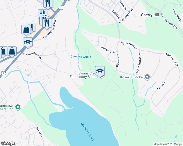 map of restaurants, bars, coffee shops, grocery stores, and more near 17633 Deweys Run Lane in Dumfries