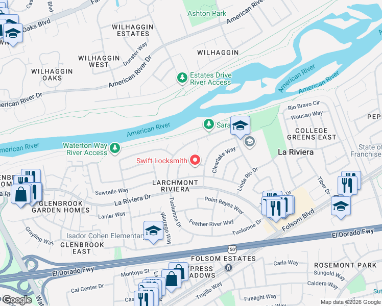 map of restaurants, bars, coffee shops, grocery stores, and more near 2525 Castine Court in Sacramento