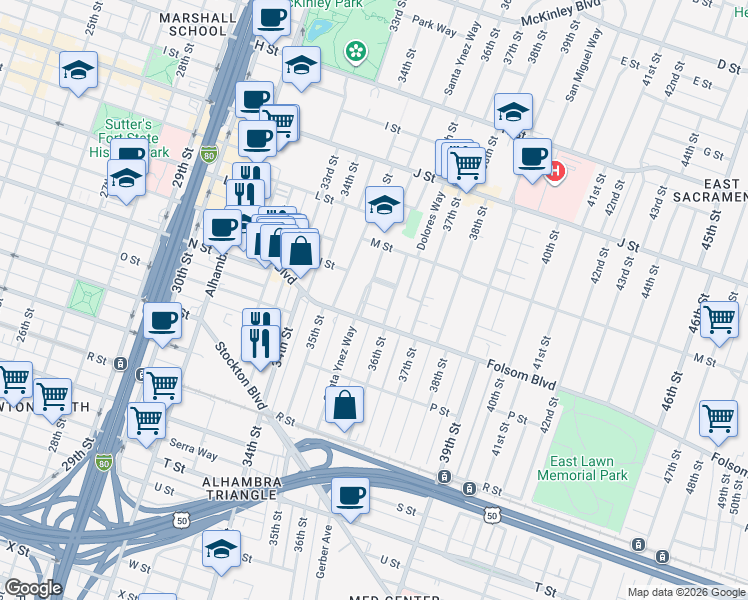map of restaurants, bars, coffee shops, grocery stores, and more near 3541 Folsom Boulevard in Sacramento
