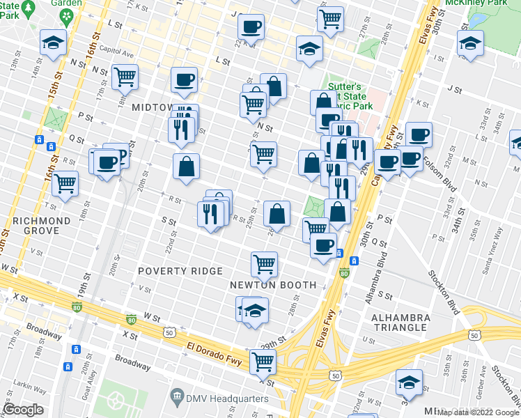 map of restaurants, bars, coffee shops, grocery stores, and more near 1714 26th Street in Sacramento